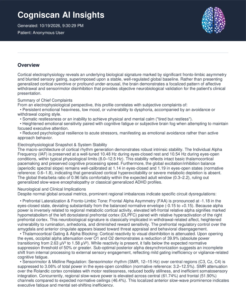 First page of a CGX Quick-20r Cogniscan AI Insights summary: overview and summary of chief complaints