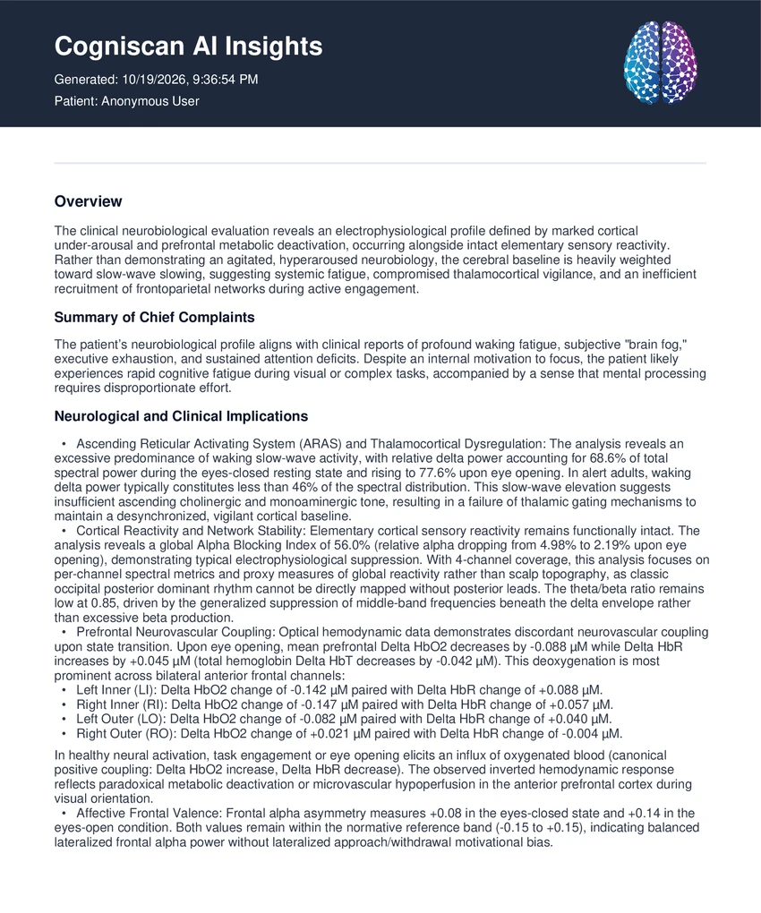 First page of a Cogniscan AI Insights summary: overview and summary of chief complaints